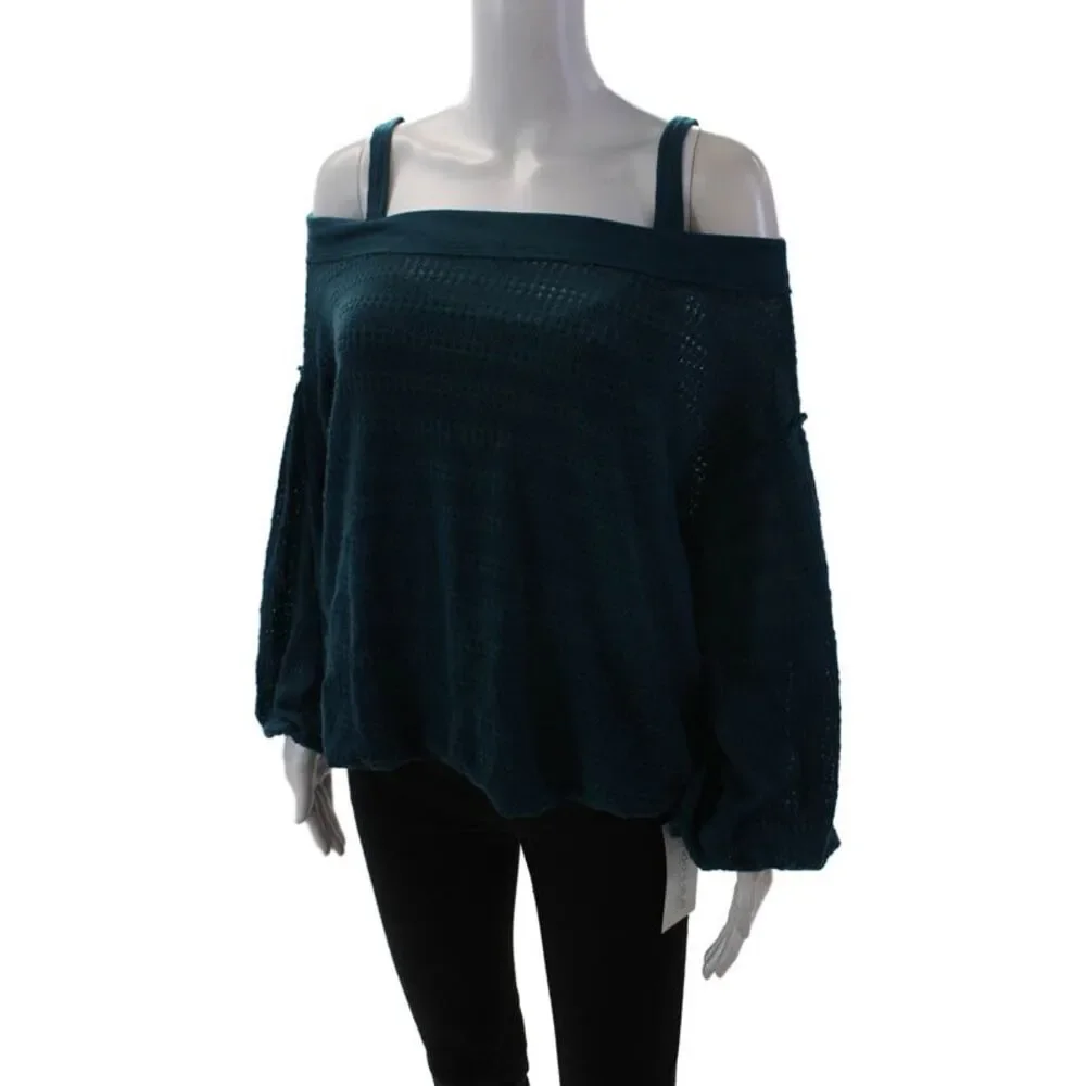 Free People Womens 3/4 Sleeve Cold Shoulder Open Knit Sweater Blue Size Medium